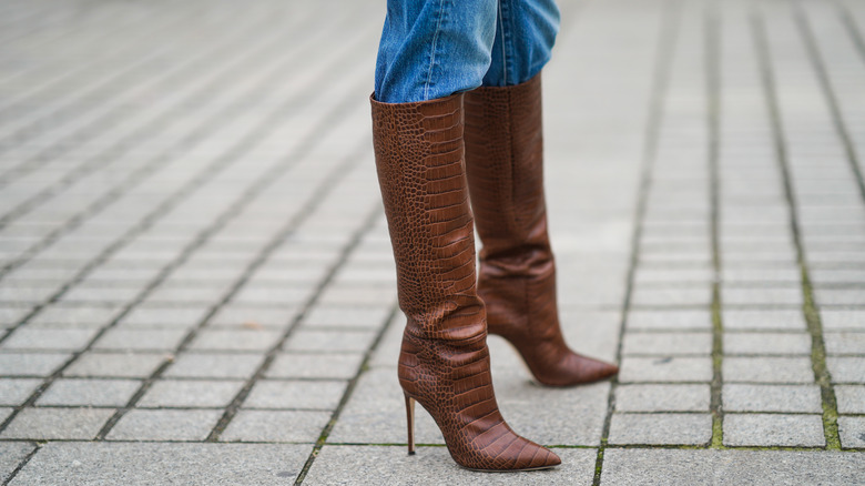 knee-high brown faux croc boots