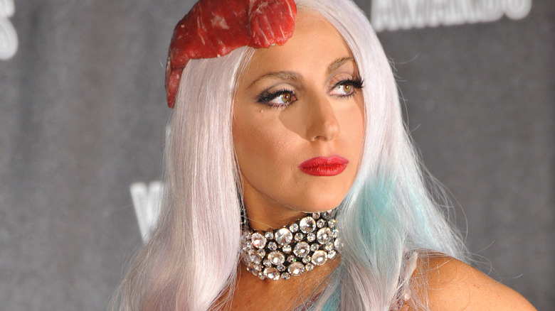 Lady Gaga wearing meat dress