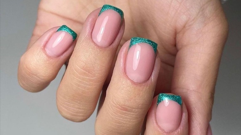 glittery teal french manicure